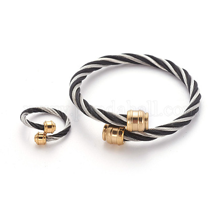 304 brazaletes de torque de acero inoxidable y juegos de joyas con anillos de dedo SJEW-L137-04-1