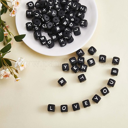 Wholesale 20Pcs Black Cube Letter Silicone Beads 12x12x12mm Square