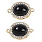 Brass Micro Pave Clear Cubic Zirconia Connector Charms, Black Glass Oval Links, Real 18K Gold Plated, 18x12x7.5mm, Hole: 1.2mm