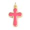 Brass Enamel Pendants, with Jump Ring, Cross Charms, Long-Lasting Plated, Lead Free & Cadmium Free, Rack Plating, Real 18K Gold Plated, Pink, 20x13x2mm, Hole: 3mm