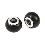 Rociar perlas europeas de vidrio pintado, con núcleos plateados de latón plateado, Abalorios de grande agujero, rerondana plana, negro, 14~15x12mm, agujero: 5 mm