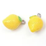 Lemon Resin Pendants, with Platinum Tone Iron Findings, Yellow, 20~24x12x12mm, Hole: 2mm