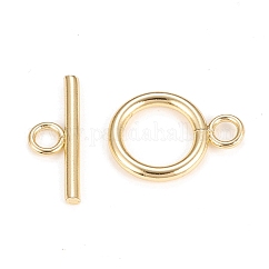 Fermagli in ottone a levetta,  cadmio& piombo libero, placcato di lunga durata, anello, vero placcato oro 18k, bar: 6x18x2.1 mm, Foro: 2.4 mm, Anello: 16.5x13.2x2.2 mm, Foro: 2.4 mm