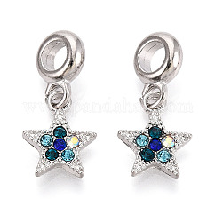 Ciondoli pendenti europei in lega di placcatura a cremagliera, con strass, Ciondoli di grandi dimensioni, cadmio & nichel &piombo libero, platino, stella, indicolite, 24mm, Foro: 5 mm, stella: 14.5x11.5x2 mm