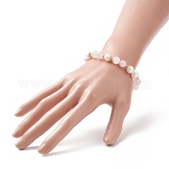 Braccialetto elasticizzato con perline rotonde in quarzo rosa naturale e perle da donna&nbsp;BJEW-JB09246-03