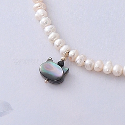Collier avec pendentif en forme de tête de chat mignon en argent et tourmaline noire et perles d'eau douce&nbsp;MQ9984