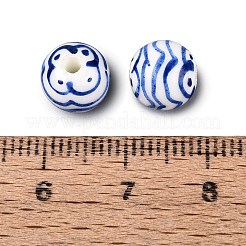 Perles rondes en porcelaine à rayures bleues et blanches peintes à la main&nbsp;PORC-Q007-01C