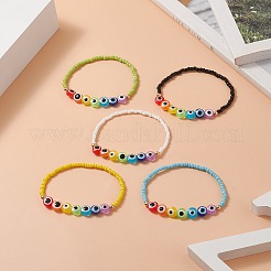 Semi di vetro e resina del malocchio e bracciali elasticizzati con perline in ottone per le donne&nbsp;BJEW-JB09271