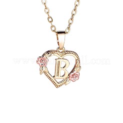 Colliers pendentifs en laiton en forme de cœur avec rose et lettre&nbsp;FS-WGF6950-02