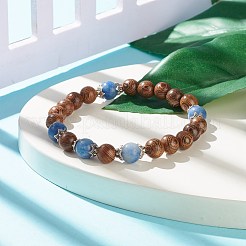 Bracciale elasticizzato da donna con perline rotonde in legno wengé naturale e pietre preziose&nbsp;BJEW-JB07935