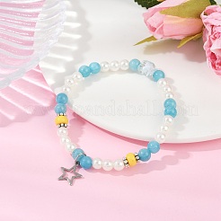 3 bracelet extensible en perles de jade malaisien naturel rond teinté de 3 couleurs avec perles en plastique ABS&nbsp;BJEW-JB11643