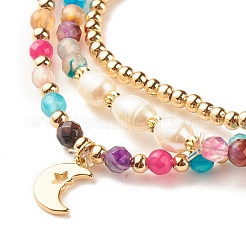 3 set di bracciali elastici con perline in agata naturale e perle&nbsp;BJEW-JB08089-01