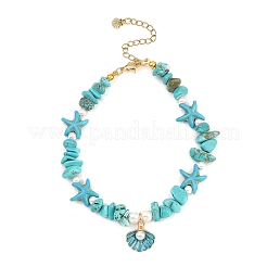 3 pz 3 stili lega di zinco smaltata a forma di conchiglia rotonda con perla di conchiglia e turchese sintetico tinto stella marina e magnesite e opalite e cavigliere con perline di quarzo rosa naturale&nbsp;AJEW-AN00735