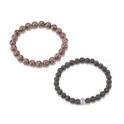 2 pièces 2 style naturel flocon de neige obsidienne et pierre de lave ensemble de bracelets extensibles&nbsp;BJEW-JB08193-05