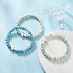 3 Stück 3-teiliges Stretch-Armband-Set aus natürlichem blauem Quarz und Amazonit der Güteklasse A mit türkisfarbenen Kreuzperlen&nbsp;BJEW-JB09408