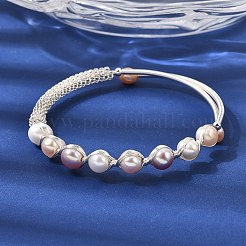 Braccialetti con polsino in perle naturali avvolte in filo di ottone per donna&nbsp;BJEW-D453-05S