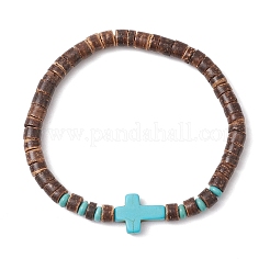 Bracciali elastici con perline di turchese sintetico e cocco naturale incrociato per le donne&nbsp;BJEW-JB11388-01