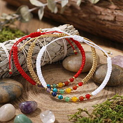 3 bracelet tressé ajustable en perles rondes de pierres naturelles et synthétiques mélangées&nbsp;ZZ4943-8