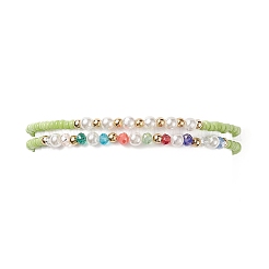 2pcs 2 style graine de verre et imitation perle et bracelets extensibles perlés en laiton pour femme&nbsp;BJEW-JB09033