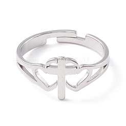 Bague réglable en acier inoxydable 304 avec double cœur et croix&nbsp;RJEW-B035-06P