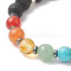 Pulseras elásticas con cuentas de hematita sintética y roca de lava natural y piedra preciosa con tema de chakra para mujer&nbsp;BJEW-JB09278-01