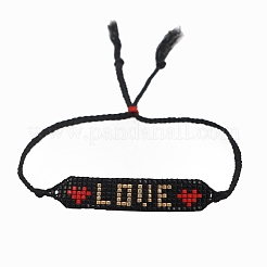 Graine de verre large bande avec mot amour coeur bracelet lien d'amitié pour les femmes&nbsp;BJEW-P269-12