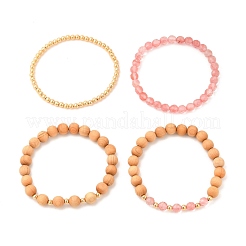 Ensemble de bracelets extensibles à perles rondes en quartz et bois de cerisier synthétique 4pcs 4 styles&nbsp;BJEW-JB07626