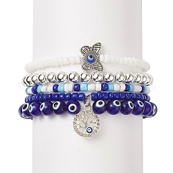 5 pièces 5 style mauvais œil au chalumeau et ensemble de bracelets extensibles en perles de verre, bracelets empilables de breloques d'alliage de papillon et d'arbre pour des femmes, bleu, diamètre intérieur: 2-1/8 pouce (5.3~5.5 cm), 1pc / style
