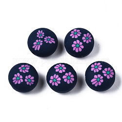 Perles en pâte polymère manuel, pour les fournitures de bricolage bijoux artisanat, plat et circulaire avec fleur, bleu minuit, 12x8.5mm, Trou: 1.6mm