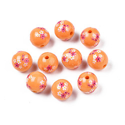 Los abalorios de acrílico de la flor impresa opacos hechos a mano, redondo, naranja, 9x9.5mm, agujero: 1.8 mm