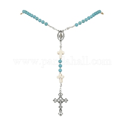 Colliers de perles de chapelet turquoise synthétiques, Collier pendentif croix en magnésite synthétique et alliage, argent antique, 23.23 pouce (59 cm)