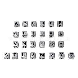 Branelli acrilici placcati, foro orizzontale, cubo con lettera, argento antico, 6mm, Foro: 3 mm, 26 lettere, 10 g / lettera, circa 55 pz / lettera, su 1430 pc / insieme