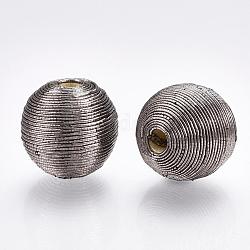 Perles de bois recouvertes de fil de cordon polyester, ronde, grises , 18~19x17.5~18mm, Trou: 3.5~4mm