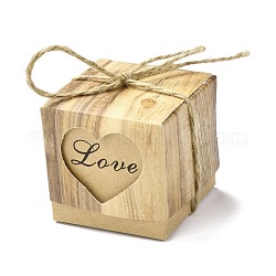 Cajas de regalo plegadas de papel con tema del día de san valentín, cuadrado con corazón hueco y palabra amor, cuerda de cáñamo, para regalos dulces galletas envoltura, burlywood, 5x5x5 cm