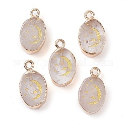 Natural Quartz Crystal Pendants, Golden Plated Brass Rock Crystal Oval Charms with Moon, 17.5x10.5x5mm, Hole: 1.6mm