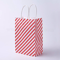 Kraftpapiersäcke, mit Griffen, Geschenk-Taschen, Einkaufstüten, Rechteck, diagonales Streifenmuster, rot, 33x26x12 cm