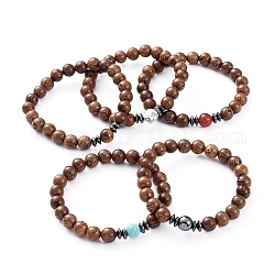 Bracelets extensibles en perles de bois unisexes, avec des perles naturelles et synthétiques pierres précieuses, Perles en hématite synthétique sans magnétiques, 2-1/4 pouce (5.6 cm)
