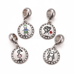 304 Stainless Steel Crystal European Dangle Charms, Large Hole Pendants, with Enamel and Rhinestone, Stainless Steel Color, Flat Round with Human, Mixed Color, 24mm, Hole: 4.5mm