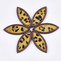 Eco-Friendly Cowhide Leather Big Pendants, with Dyed Wood, Horse Eye with Leopard Print, Gold, 53x22x4mm, Hole: 1.2mm