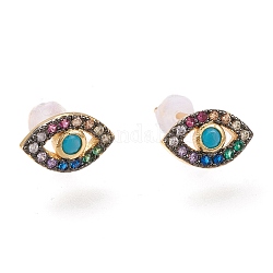 Colorful Cubic Zirconia Horse Eye Stud Earrings, Brass Jewelry for Women, Golden, 6x10mm, Pin: 0.8mm