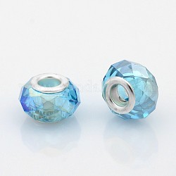 Ab färben Sie überzogene Glas European Beads, großes Loch Rondell Perlen, mit versilberten Messingkernen, facettiert, Deep-Sky-blau, 14x9 mm, Bohrung: 5 mm