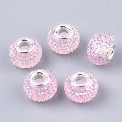 Perles européennes en résine avec strass, Perles avec un grand trou   , en laiton de tonalité de platine noyaux doubles, couleur ab , rondelle, perles baies, rose, 14x10mm, Trou: 5mm
