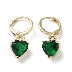 Boucles d'oreilles dormeuses en forme de cœur en laiton plaqué or véritable 18 carat, avec verre coeur, vert foncé, 25x8.5mm