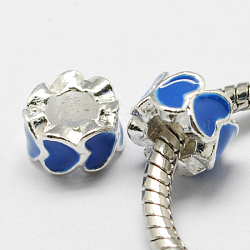 Perles européennes d'émail en alliage, Perles avec un grand trou   , colonne, couleur argentée, bleu royal, 10x6mm, Trou: 5mm