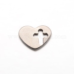 Corazón con la cruz 304 charms de acero inoxidable, color acero inoxidable, 10x12.5x1mm, agujero: 6x4 mm