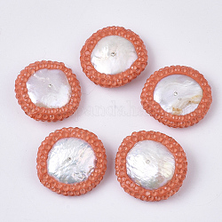 Perles de strass en argile polymère, avec perle d'eau douce de culture naturelle, plat rond, corail, 19~22x19~21x5~8mm, Trou: 0.7mm