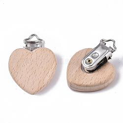 Clip porta ciuccio in legno di faggio, con clip di ferro, cuore, platino, Burlywood, 48x38x18.5mm, Foro: 3.5x6 mm