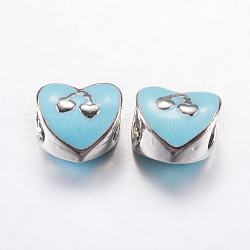 Legierung Schmelz europäischen Perlen, Großloch perlen, Herz mit Kirsche, Platin Farbe, hellblau, 10x10x7.5 mm, Bohrung: 5 mm