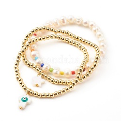 Bracelets élastiques, avec des perles d'eau douce de culture naturelles, perles de rocaille en verre et perles de coquillages d'eau douce, Perles en laiton, véritable 18k plaqué or, diamètre intérieur: 2-1/8~2-5/8 pouce (5.3~6.8 cm), 3 pièces / kit