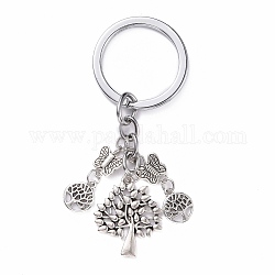 Alloy Keychain Findings, with Alloy Split Key Rings, with Tree & Flat Round & Butterfly Pendants, Antique Silver & Platinum, 8.8cm